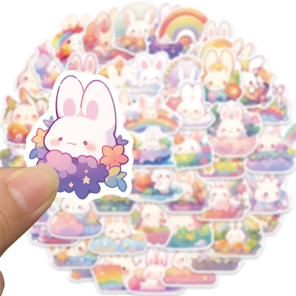 Cartoon Rainbow Rabbit Stickers for Children, Scrapbooking Material, Cute Stickers for Laptop, Suitcase, iPad, Phone, 50Pcs