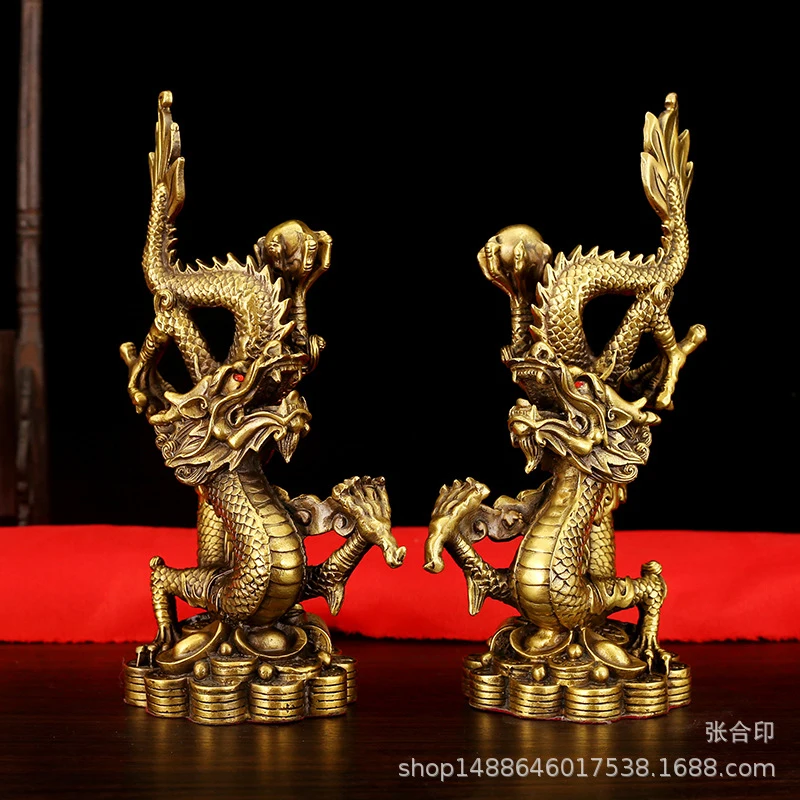 Copper Money Ornaments: A Pair Of Double Dragons Playing With Pearls, Zodiac Golden Dragon Home Entryway Decoration Craft