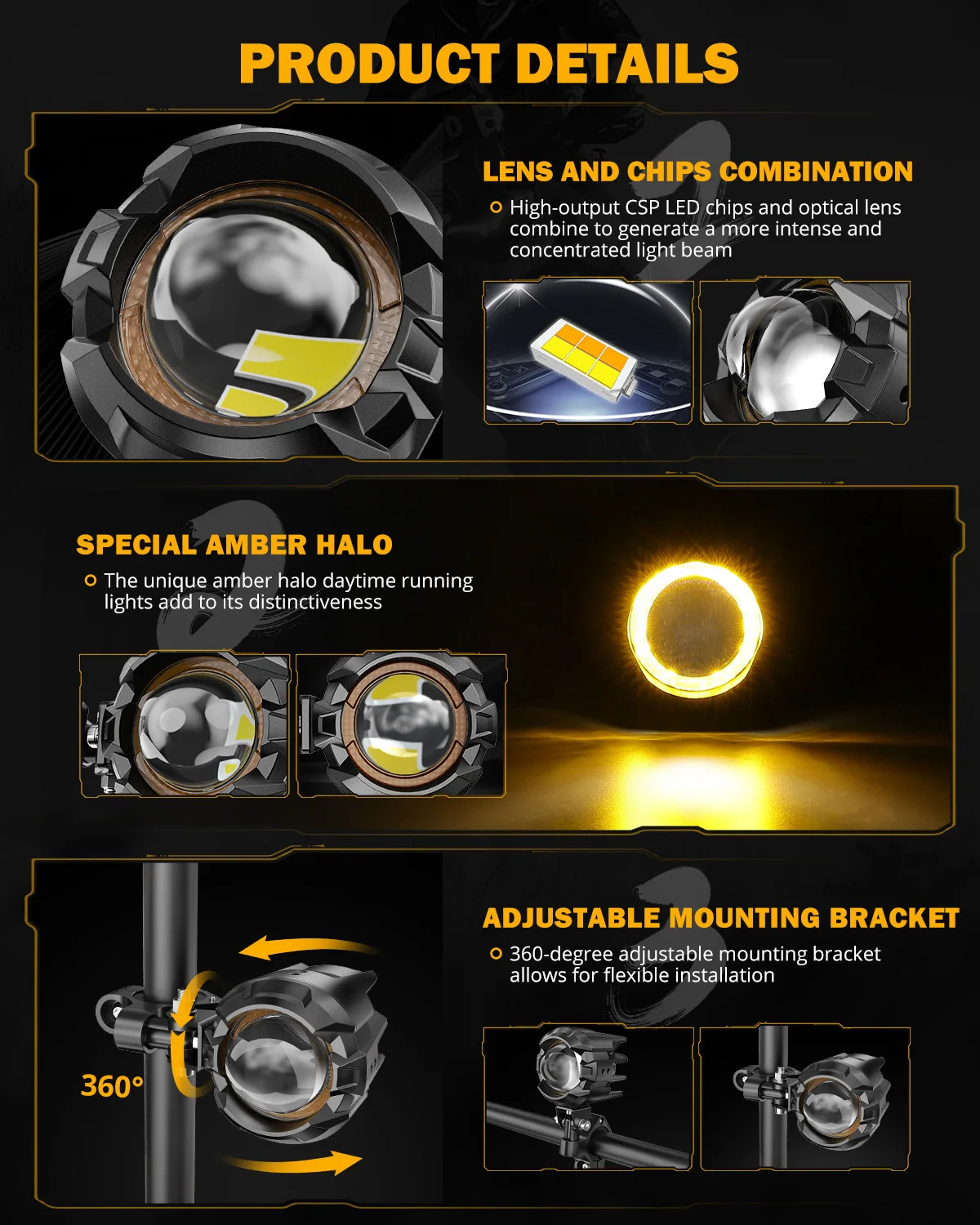 AUXBEAM MT8S 3 INCH MOTORCYCLE LED SPOTLIGHT DRL BI-LED PROJECTOR LENS HEADLIGHT 120W DUAL COLOR SWITCHBACK 3+5 LIGHT MODES