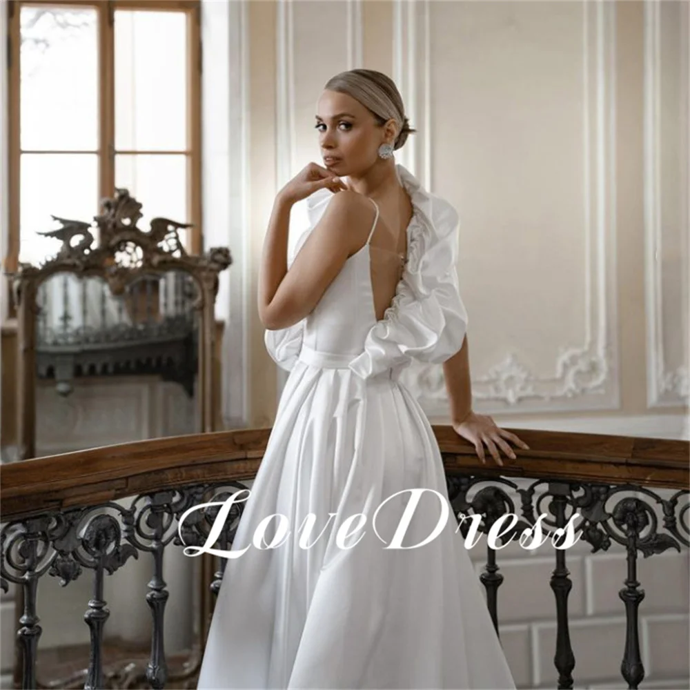 Love Elegant V-Neck Pleated One Shoulder Spaghetti Strap Stain Wedding Dresses A-Line Backless Detachable Tail Sexy Bridal Gowns