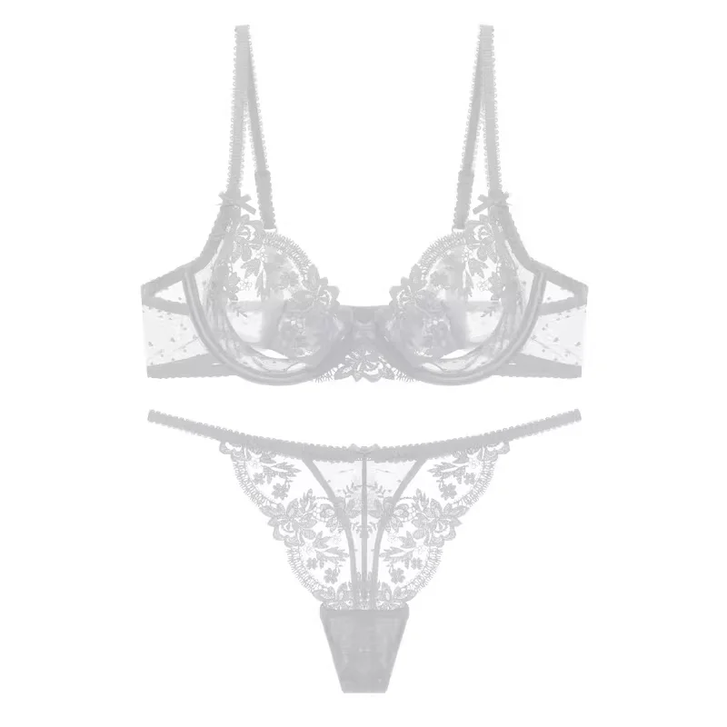 French Lace Bra & Panty Set w/Steel Rings Ultra-Thin Push-Up Bralette Small Bust Sheer White Sexy Lingerie Pure Seductive Style