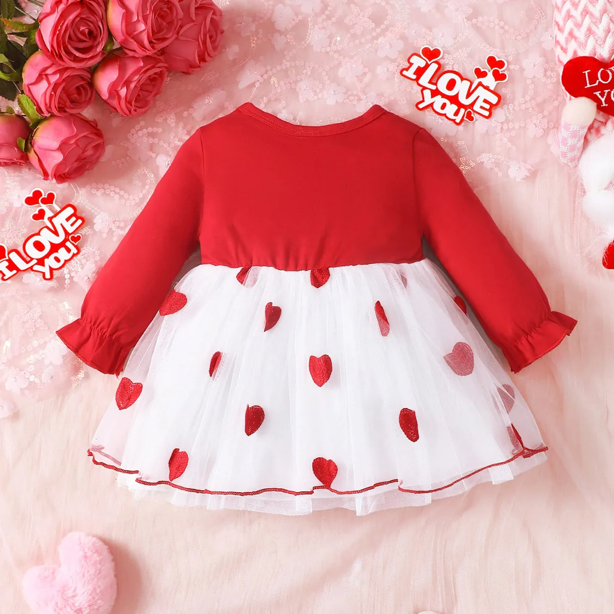 Baby Girl Red Heart Mesh Long Sleeved Dress Fashionable Casual Design for Spring And Autumn