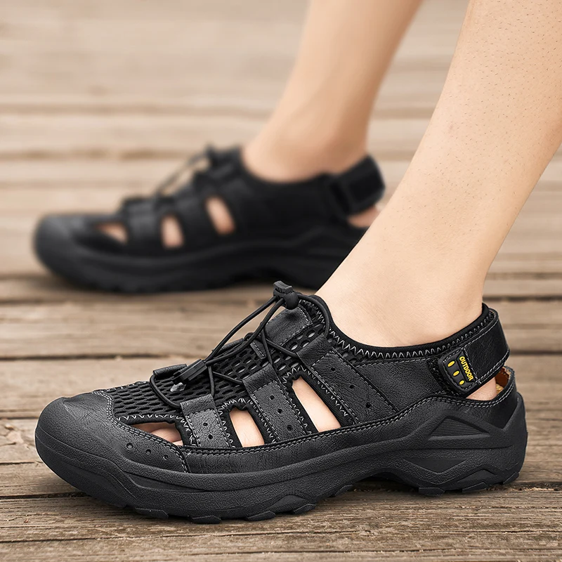 جديد الصيف جلد طبيعي الرجال الصنادل تصميم الأزياء حذاء كاجوال بفتحات تهوية الرجال لينة أسفل في الهواء الطلق صنادل شاطئ حجم كبير 46 #4