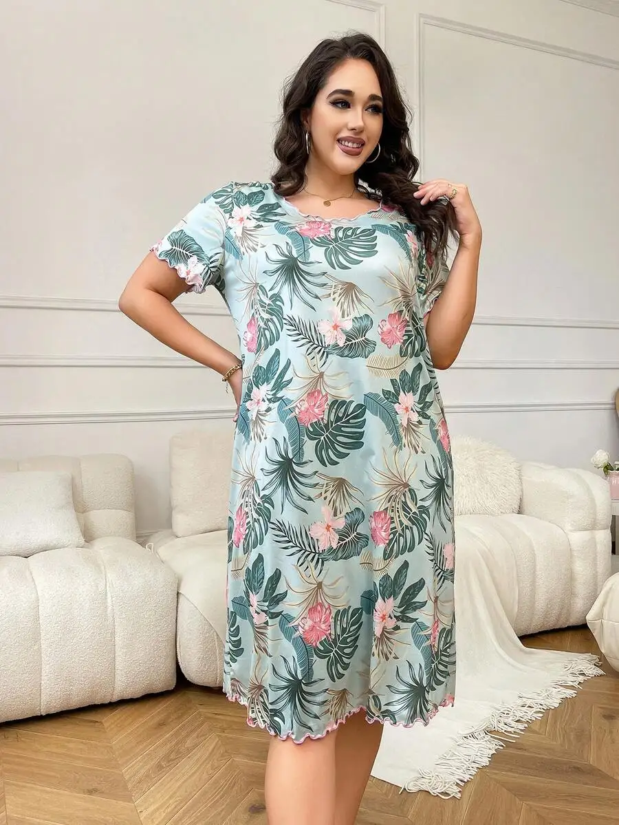 Plus Size Women Tropical Floral Print Round Neck Short Sleeve Sleep Dress