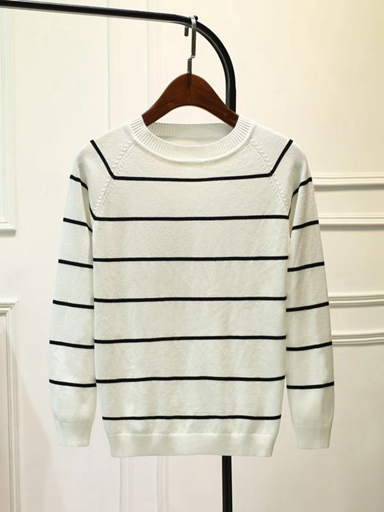 gkfnmt Stripe Long Sleeve Black Knitted Tshirt Women Tops Autumn O-neck Pullover Casual Spring White T Shirt