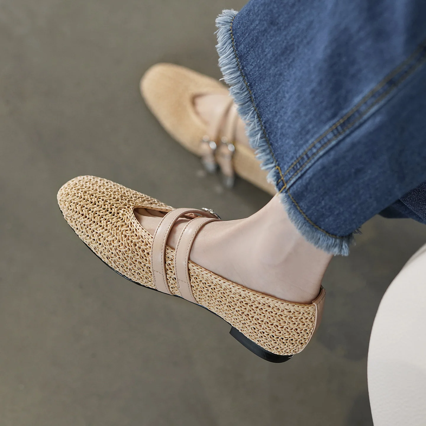 

Mary Janes Women Breathable Straw Weave Single Buckle Flat Sole Perforated Summer Casual Shoes