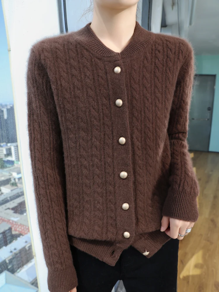 Women\'s 100% Merino Wool Cardigan Stand Collar Sweaters Long Sleeve Knitted Tops Thick Warm Outerwear Casual Fashion Fall Winter