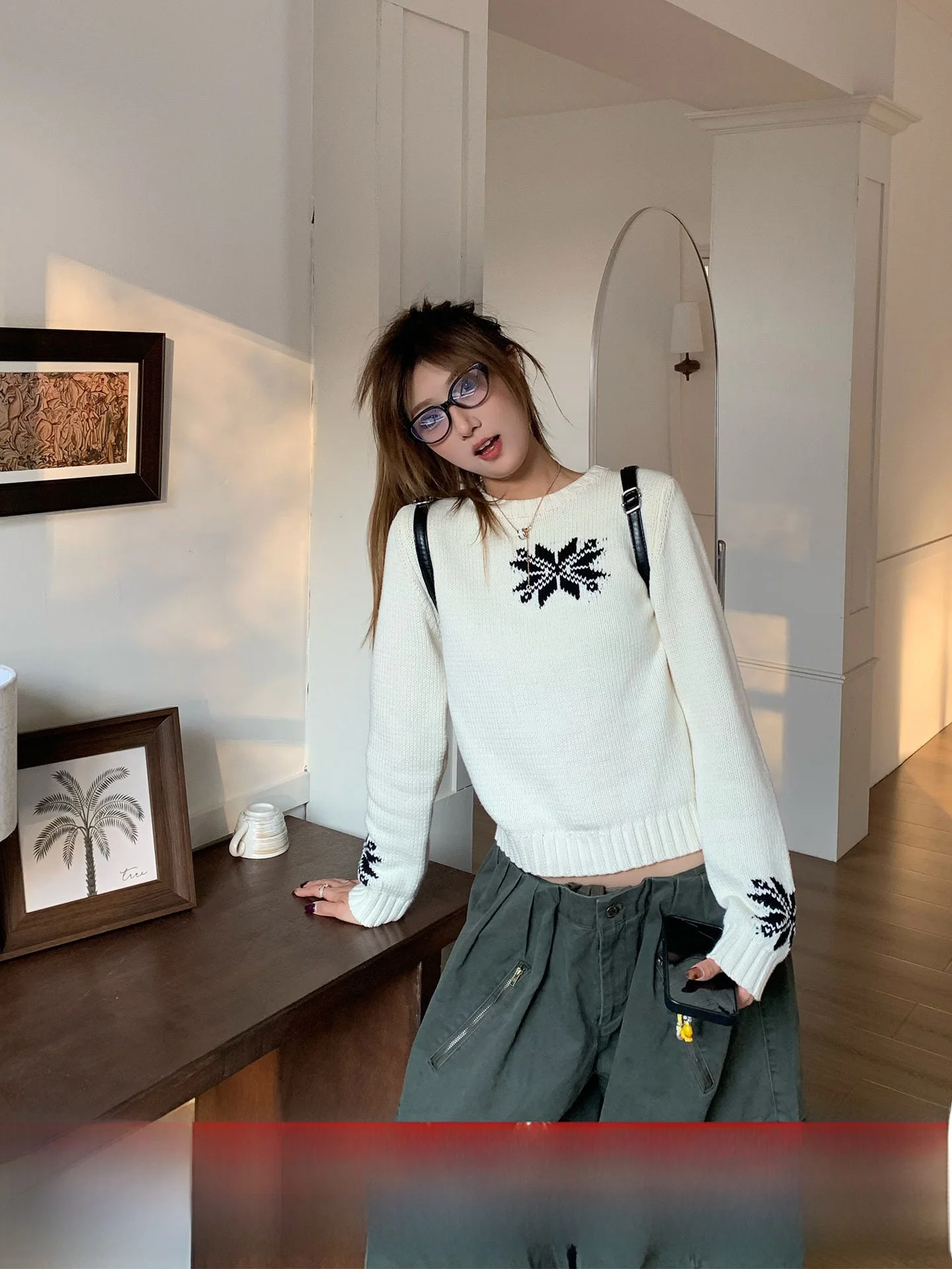 

Korean Sle Fce Women's Knitted Sweater Floral Print Long Sve Soft Cozy Overlap Design Winter Faion Casual Top