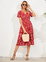 Summer Women Dress 2025 New Retro Yellow Red Fresh And Sweet Printed Small Flowers Beach V-neck Short Sleeves High Waist Vestido