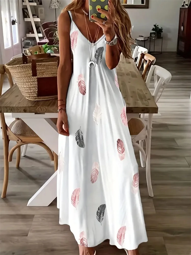 S-2Xl Summer Women's Slip Dress Classic Feather Print Women's Loose Elegant Dinner Party Dress Home Casual Loose V-Neck Dress