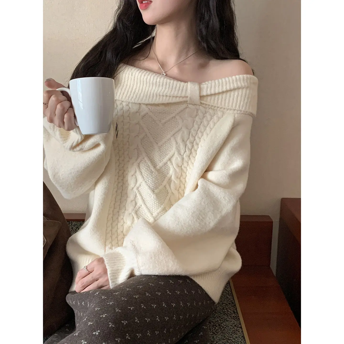 Vintage Sweet Elegant Knit Pullover Sweater Women Japanese Off Shoulder Soft Long Sleeve Daily Casual Winter Top