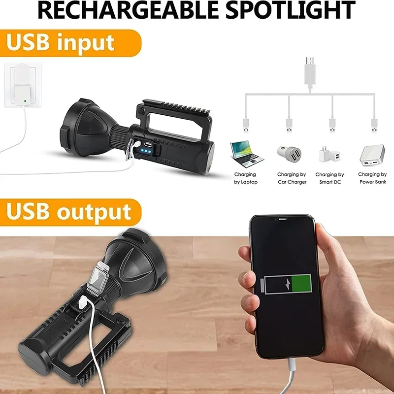 Portable Powerful LED Flashlight Mountable Bracket Handheld Searchlight USB Rechargeable Spotlight Waterproof Torch Light