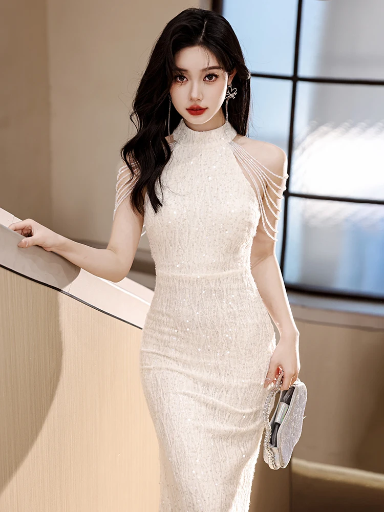 

White Evening Gown Women's 2025 New Summer High-End Sexy Ne Hanging Host Fi Tail Skirt oulder Tassel Korean Sle Long ...