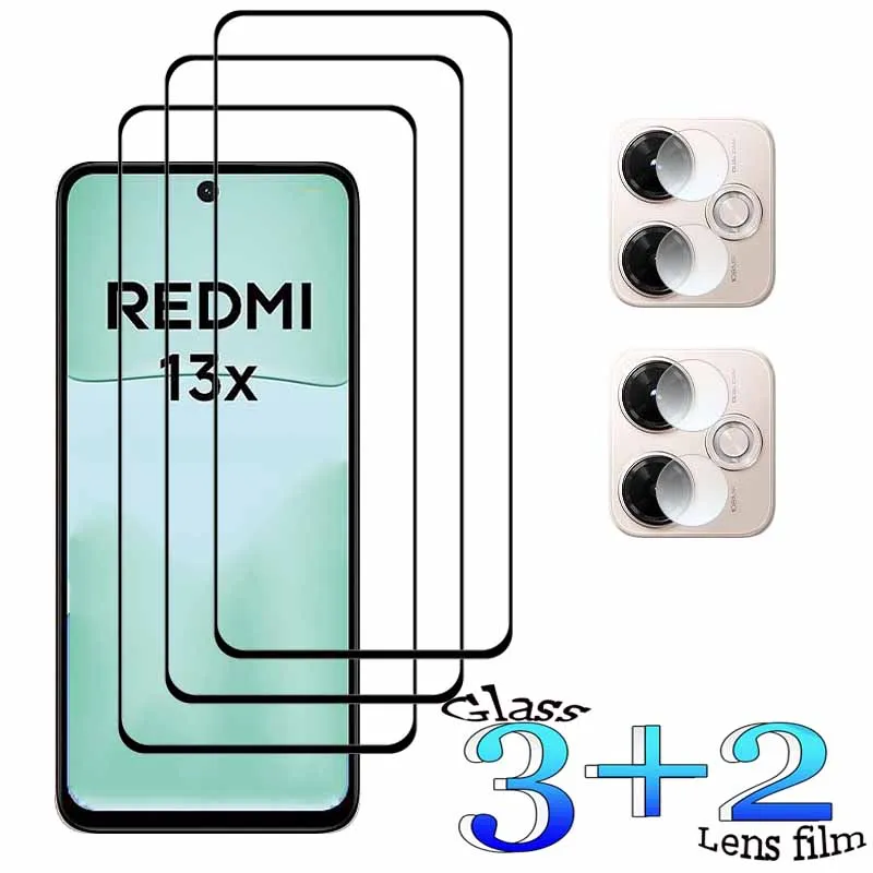 

3+2 For Redmi 13X Tempered Glass Shockproof 9H Clearly Anti-Scratch Front Protector +Soft Camera lens film