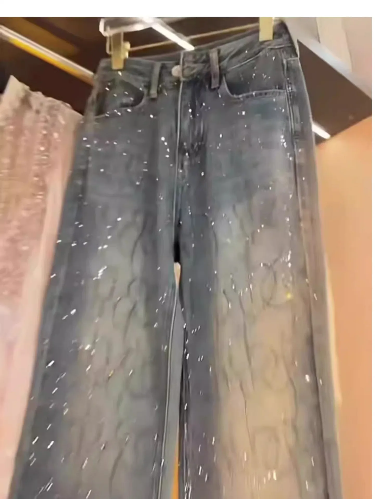 Spring Woman Diamonds Beaded Denim Pants Blue Hot Drilling High Waist Straight Wide Leg Jeans Rhinestones Cowboy Trousers 2025