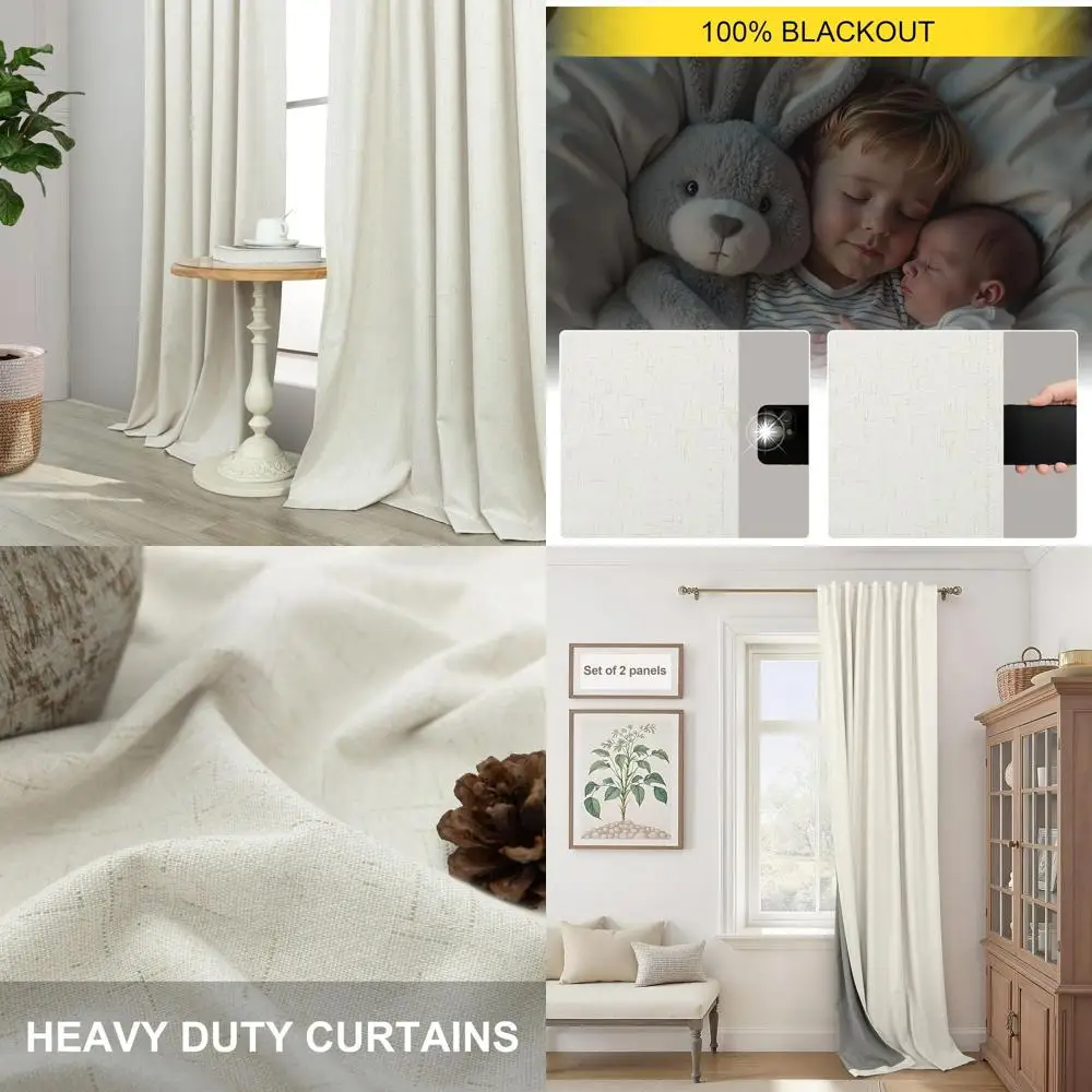 

70 Wide x 63 Long Cream Linen Extra Wide Blackout Curtains for 72 Windows - Light Blocking, Thermal Insulated, Ivory Off-White