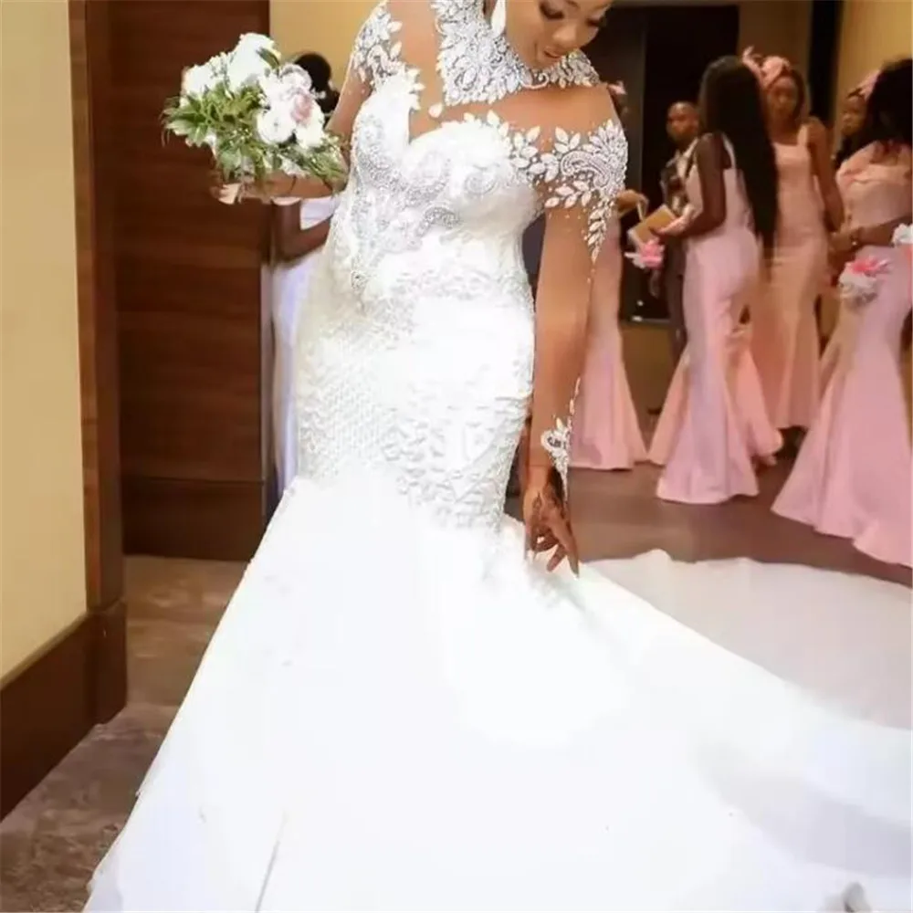 Requintado frisado cristal vestido de casamento alta pescoço mangas compridas apliques de renda personalizado mais vestidos de noiva aso ebi robe de marie