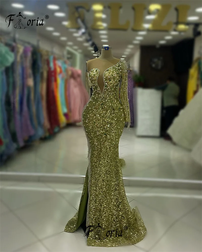 Gaun Formal Dubai manik-manik buatan tangan Bling gaun pesta malam belahan rumbai kristal gaun pesta malam Robe de soiree Femme elegantes