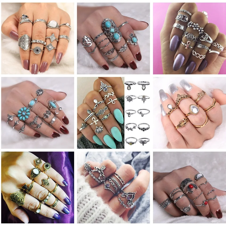 Mix Bohemian Flower Ring Sets for Women Vintage Retro Silver Color Tortoise Starfish Flower Rings Finger Jewelry New