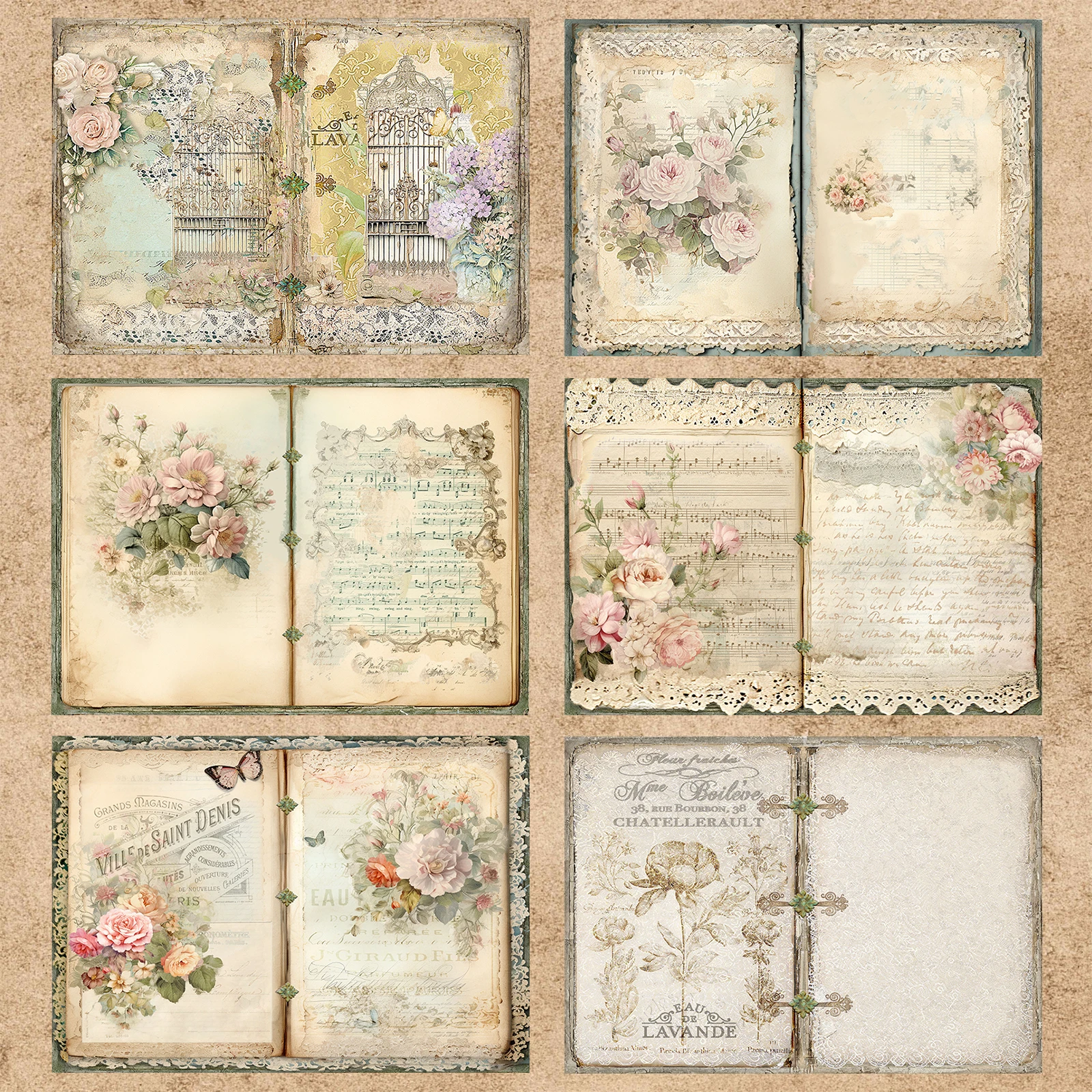 10 Sheets A5 Size Book Page Insert Sheet Music Lace Word Birdcage Background Vintage Grunge Journal Planning Scrapbooking
