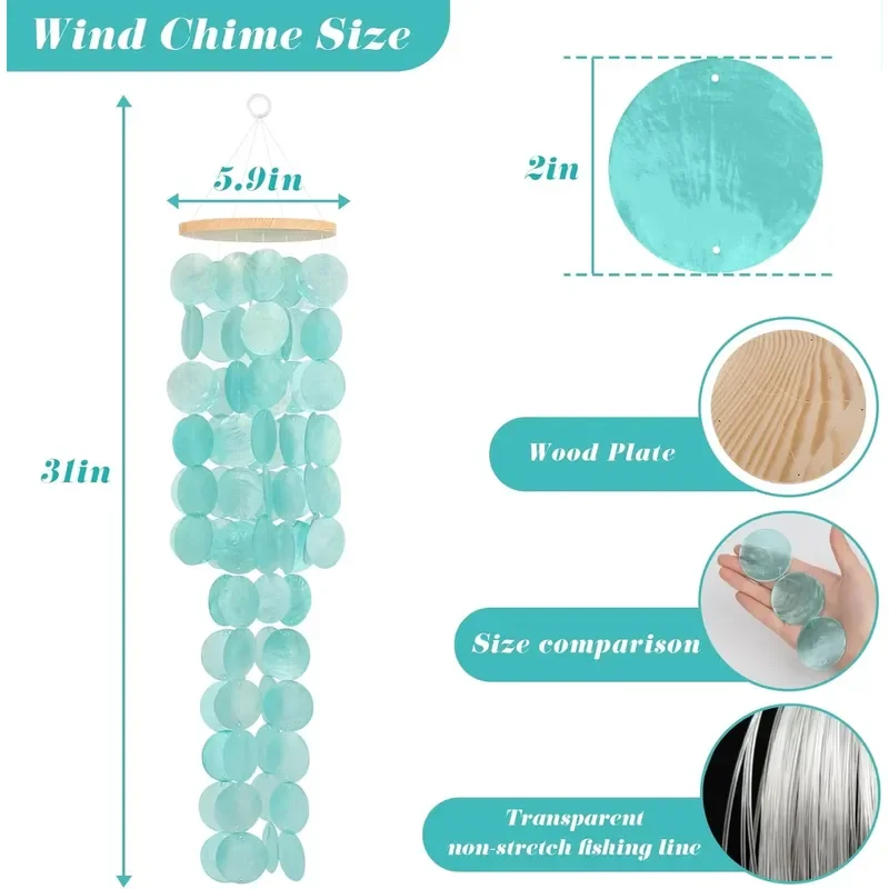 Outdoor Wind Chimes - 31 inch handmade turquoise Capiz shell wind chimes for garden, coastal style, beach wedding hanging