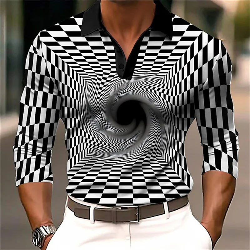 

6XL Plus Size Men's Clothing Striped Plaid Fashion Polos T-Shirts Long Sleeve 3d Abstract Printed Street Male POLO Tops Tee