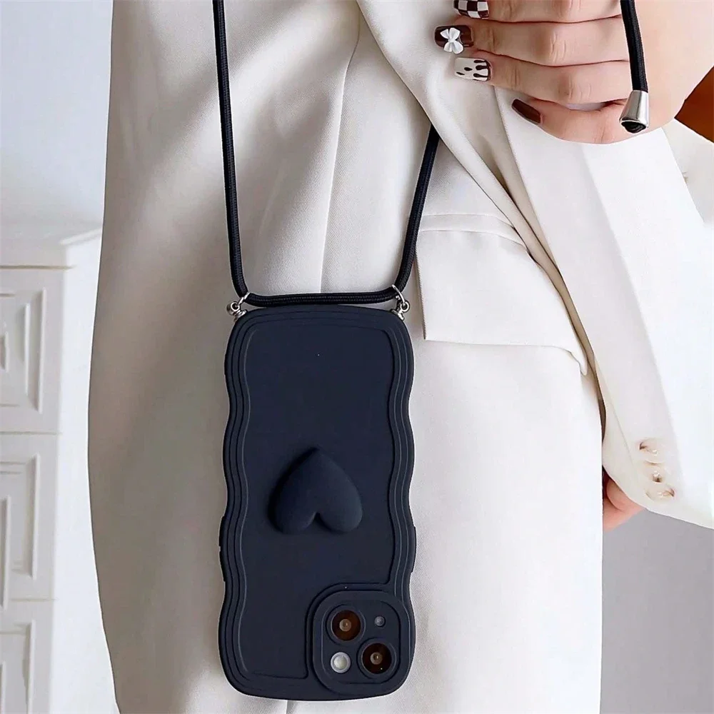 Luxury Crossbody Necklace Lanyard 3D Love Heart Wave Border Soft Case For iPhone 15 14 Pro Max 13 12 11 X XS XR 7 Plus Cover