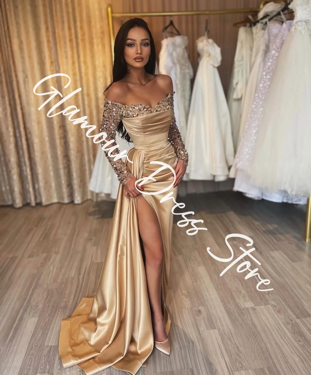 Customized Exquisite Satin Straight Off The Shoulder Sequined Evening Dresses Strapless Long Sleeves Panel Train Prom