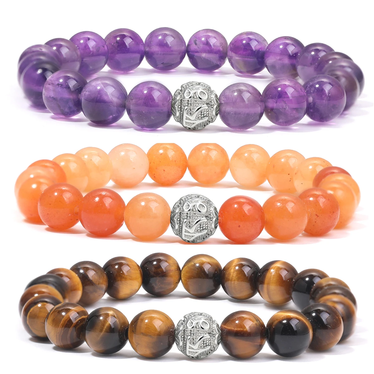 

925 Sterling Silver Prayer Beads Natural Stone Bead Bracelet Amethyst White Crystal Volcanic Stone Spiritual Healing Jewelry Gif