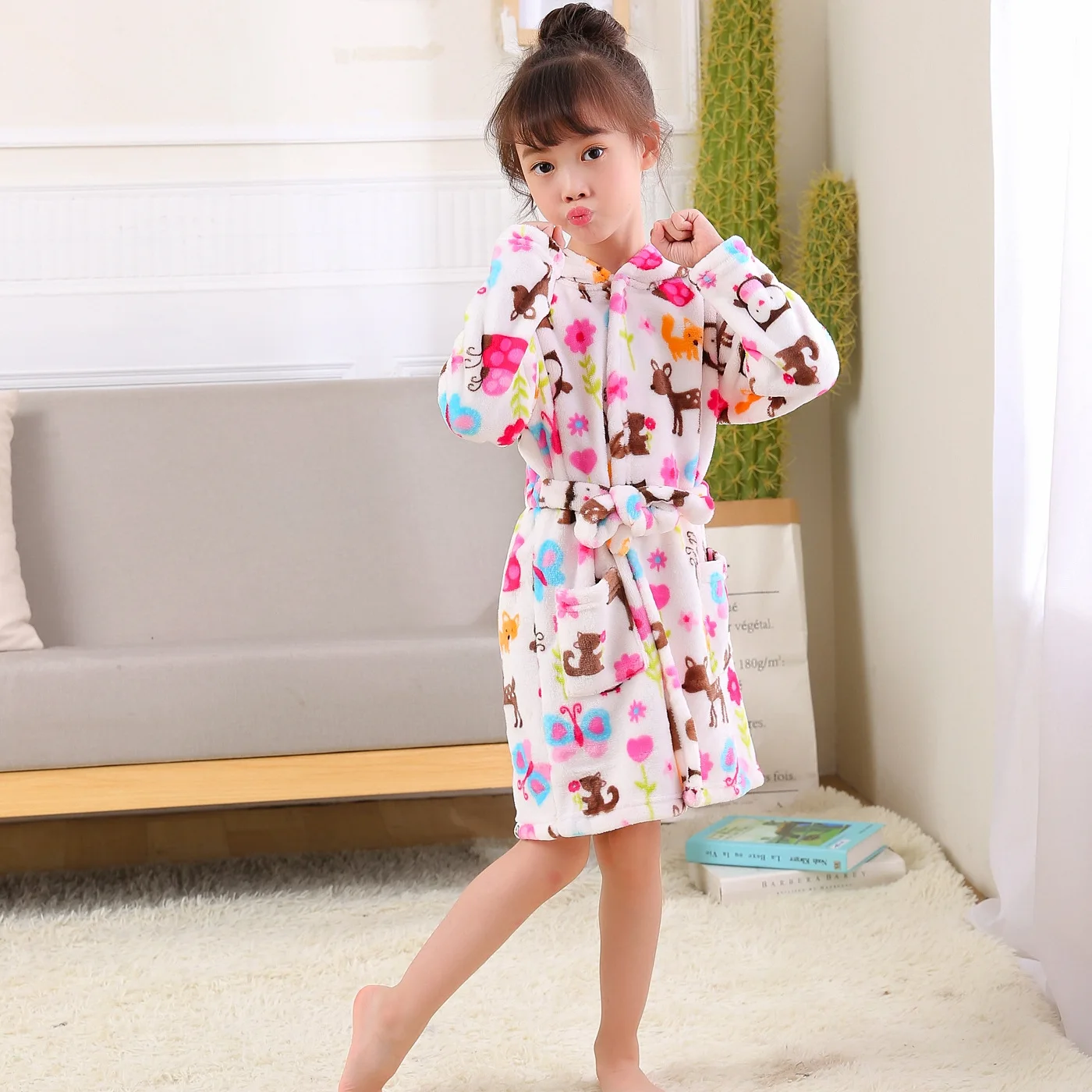 2-8 Year Kids Flannel Bathrobe Baby Girls Boy Cartoon Hooded Pajamas Children Soft Bath Robe Nightgown Teenager Toddler Clothing