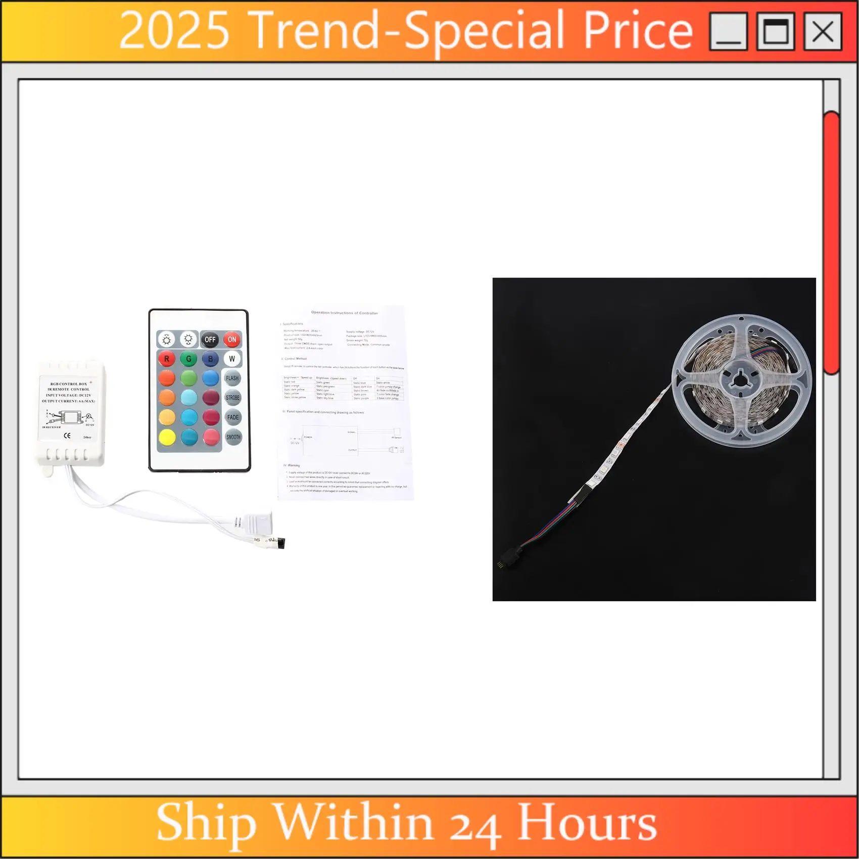 AA64 1 Buah Pengendali Jarak Jauh Kotak IR 24 Tombol & 1 Buah Strip Lampu Fleksibel LED 5M RGB 300 5050
