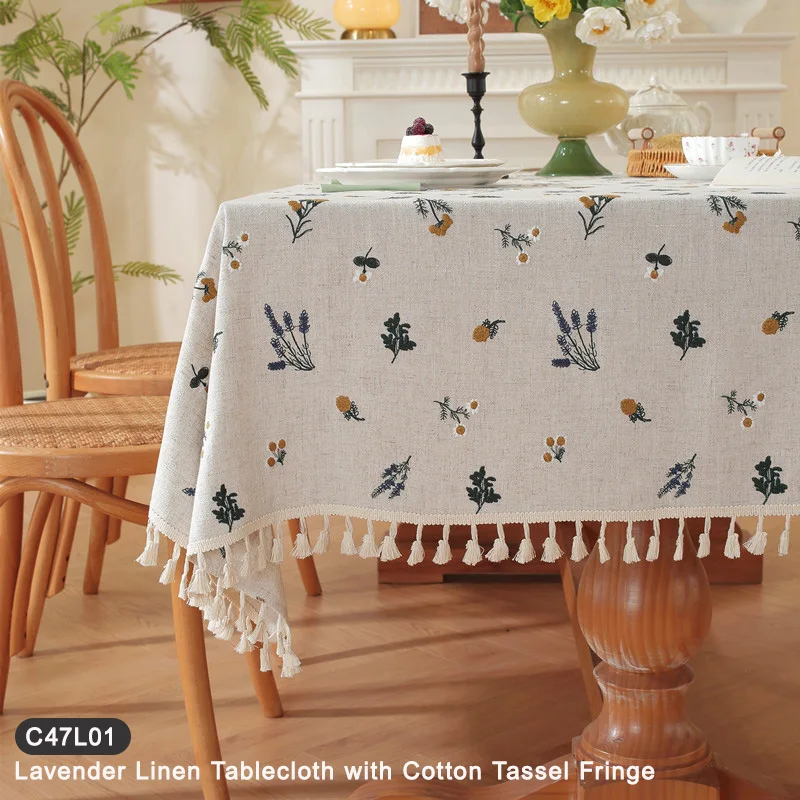 

American Farmhouse Linen Tablecloth - Natural Beige Embroidered Floral with Green Leaves & Lavender, Cotton Tassel Fringe