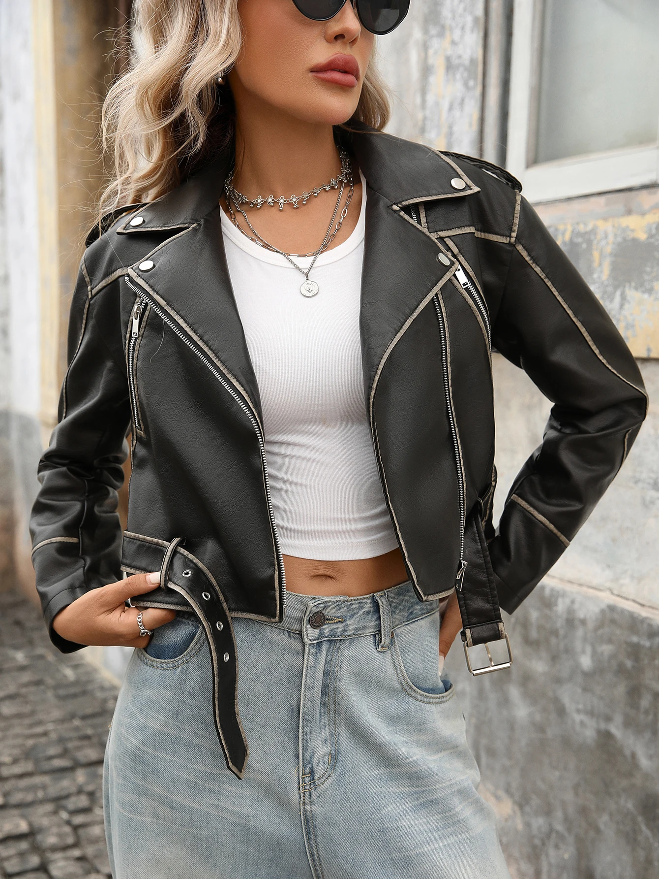 Fitaylor Spring Autumn Women PU Leather Jacket Casual Lady Lapel Zipper Moto Biker Jacket Vintage Female Outwear with Belt