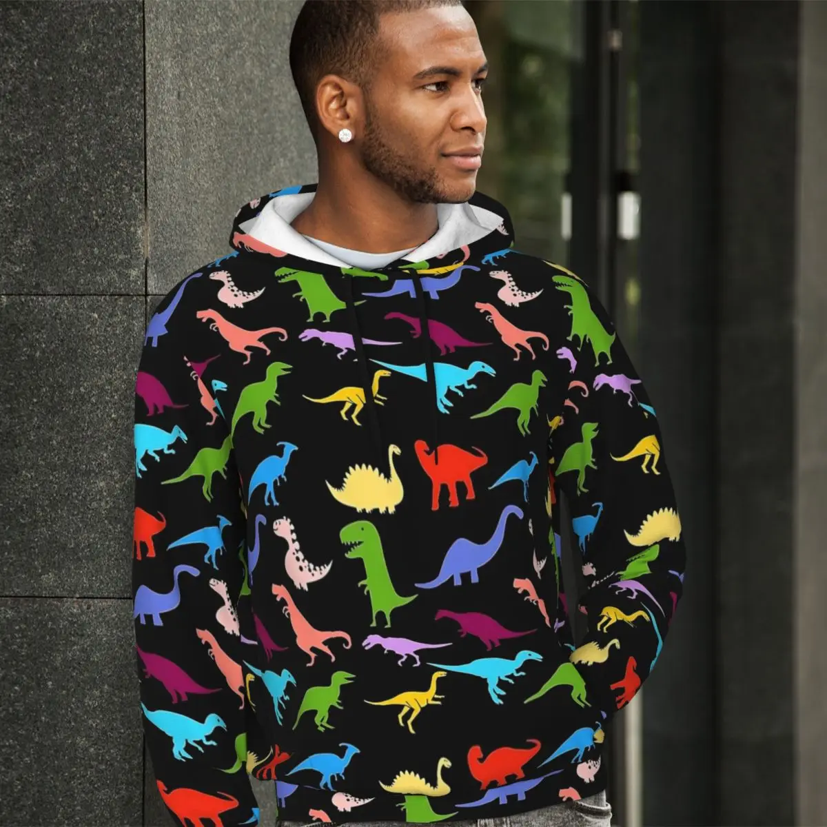 

Милые красочные динозавры, свободные толстовки, мужская верхняя одежда с животным принтом, зимняя ретро базовая толстовка с капюшоном, большой размер