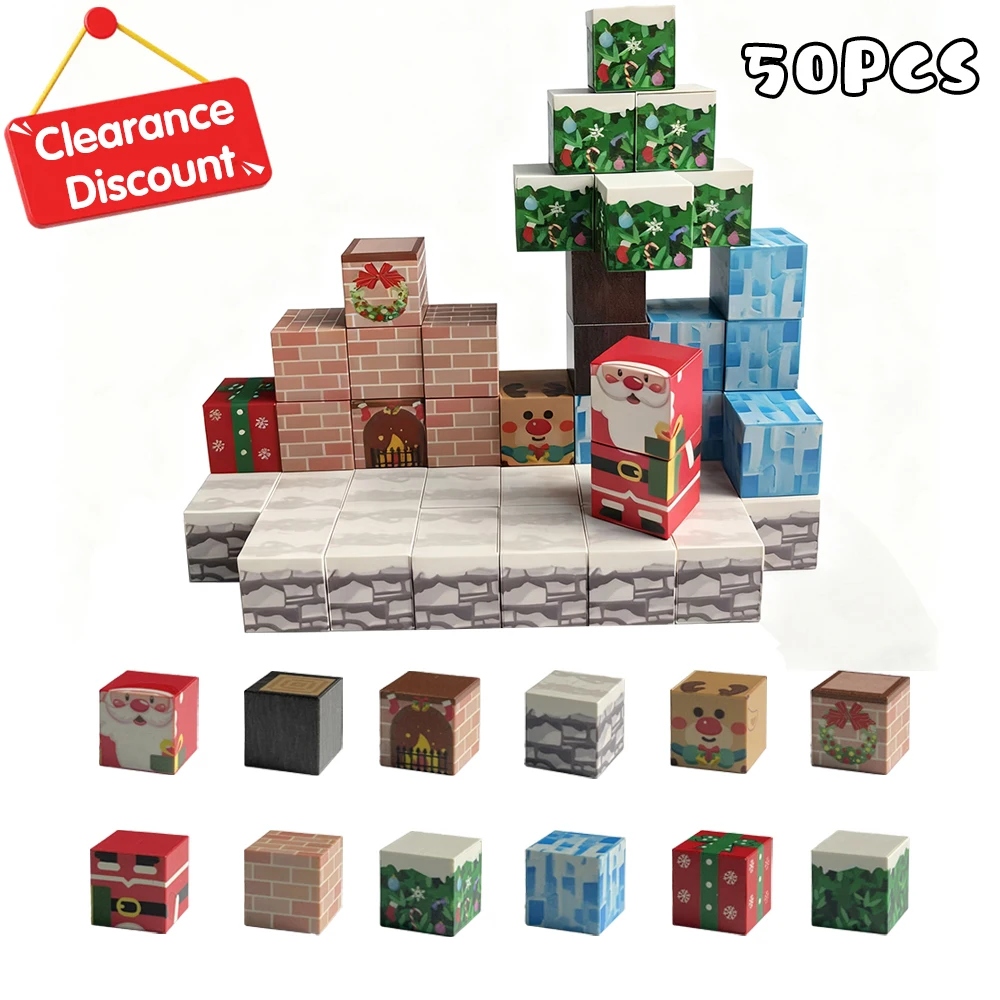 

50 PCS Colorful Christmas Magnetic Building Blocks Creative Educational DIY Stacking Cubes Family Fun Magnet Toy Gift for Kids