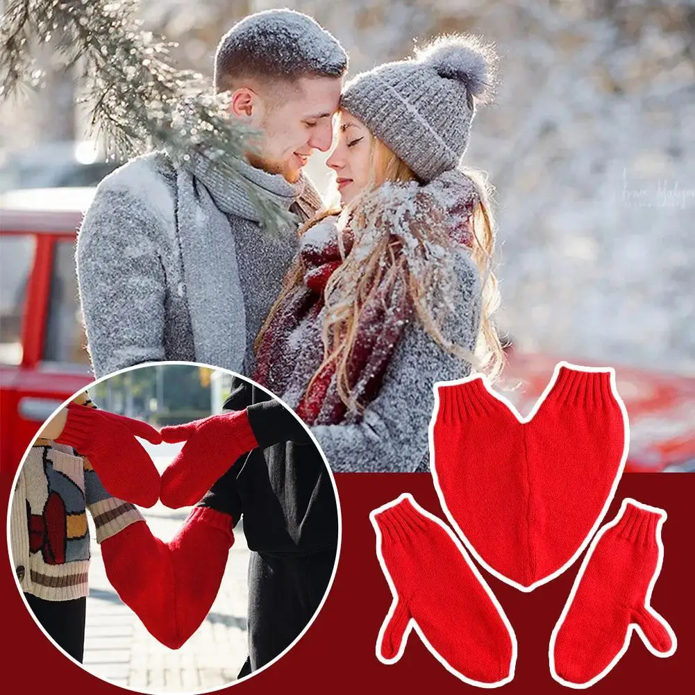 

Winter Knitted Gloves With Hand Holding Design Lovers Couple Mitten Full Finger Gloves Sweethearts Vanlentines Gift 3pcs Gloves