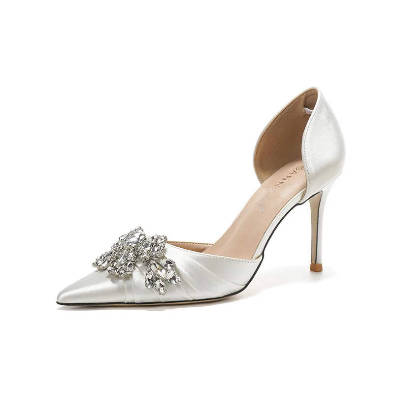 Zapatos de tacón alto para mujer, calzado de novia con diamantes de imitación, color blanco, elegante y hueco, estilo nuevo