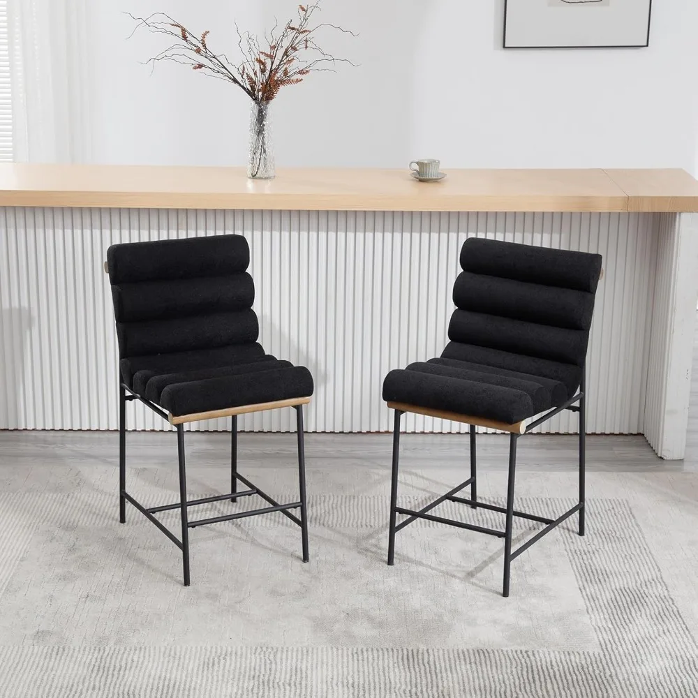 블랙 린넨 바 스툴, 25인치 모던한 스타일의 블랙 메탈 다리가 있는 팔걸이 없는 카운터 높이 의자