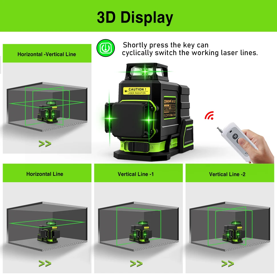 CLUBIONA ME12T 3D 12 Linie Green Laser Level Horizontale Vertikale Kreuz-Linie Selbst nivellierung Fernbedienung 5200mAh li-ion Batterie