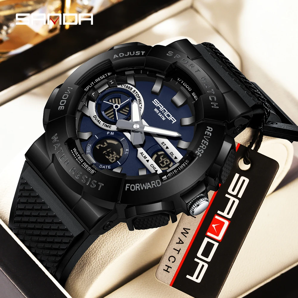 SANDA New 3365 Luxury Men's Electronic Watch with Dual Display Countdown and Waterproof LED Men's Electronic Watch Alarm Clock