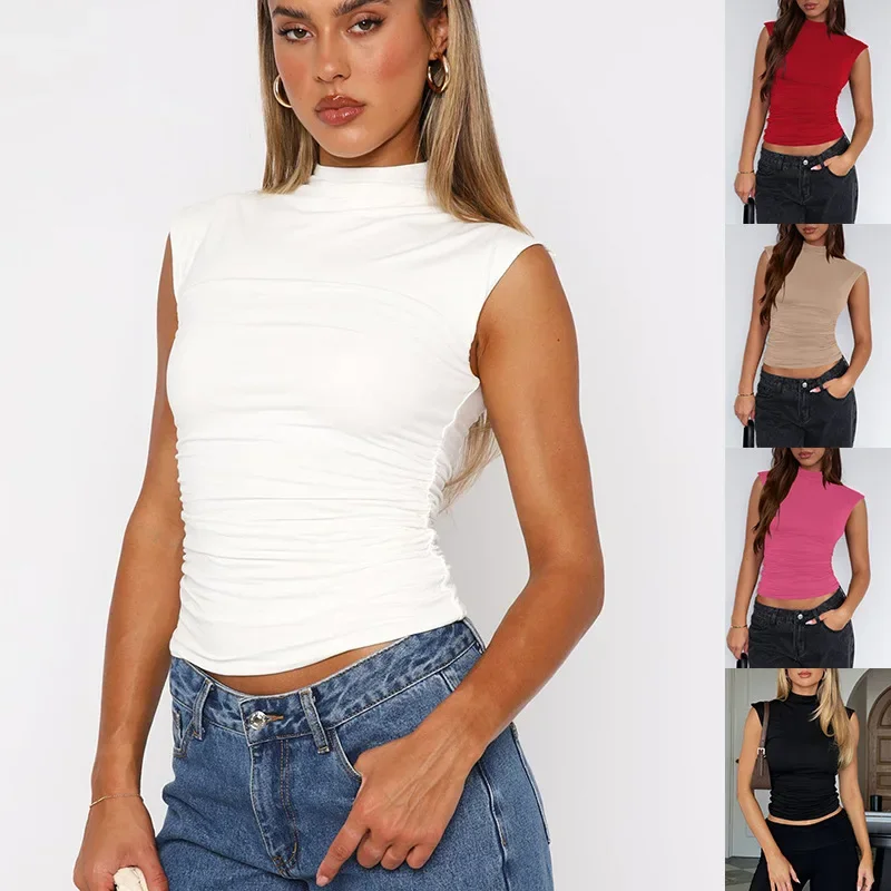 

DGTQYQ Women's Mock Neck Pleated Crop Top Summer Solid Color Basic Sleeveless Ruched Tank Top Streetwear 2025 New Casual Sexy
