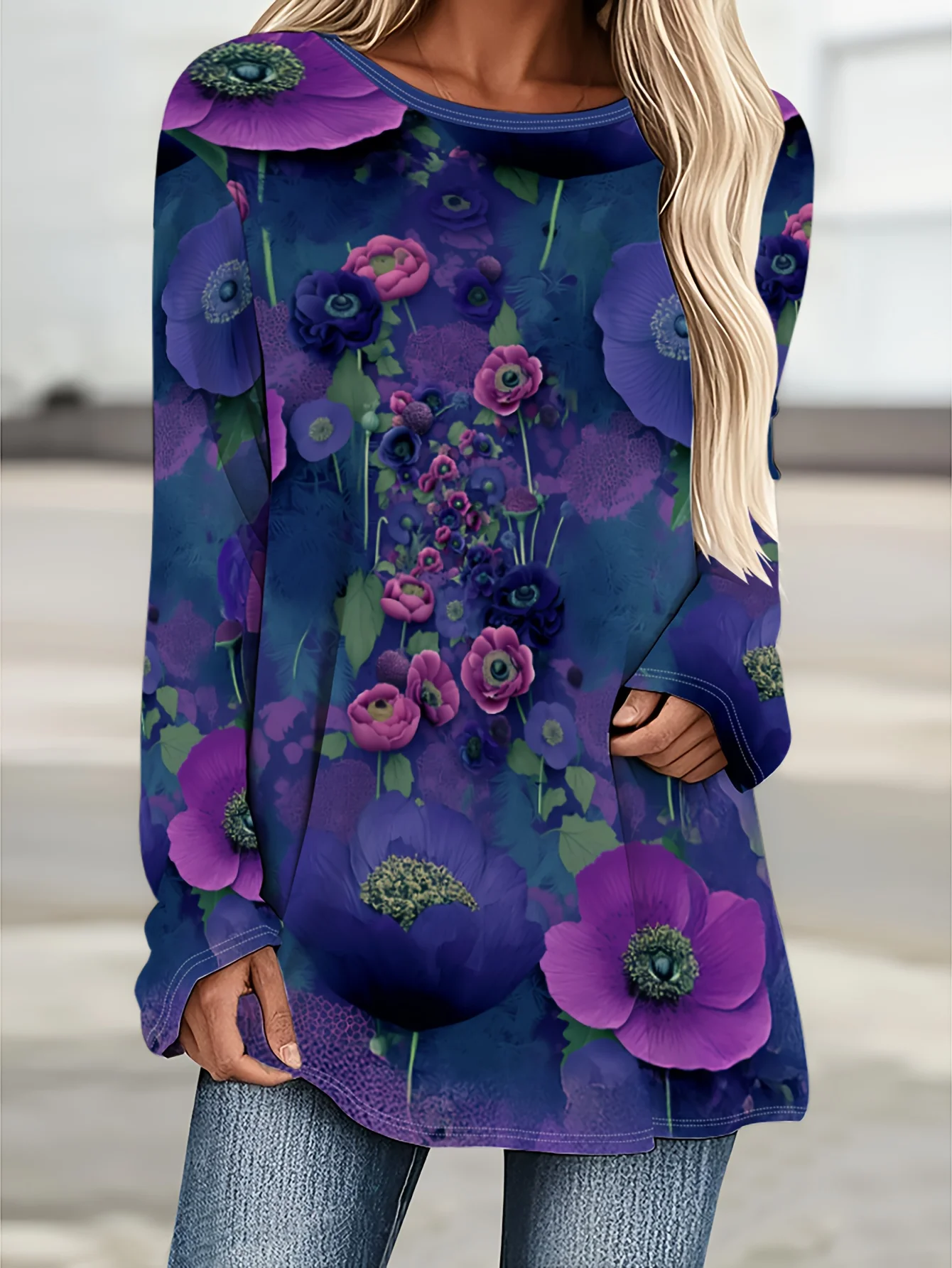 Women's Purple Floral Print Top Dark Large Flower Long Sleeve Crew Neck T Shirt