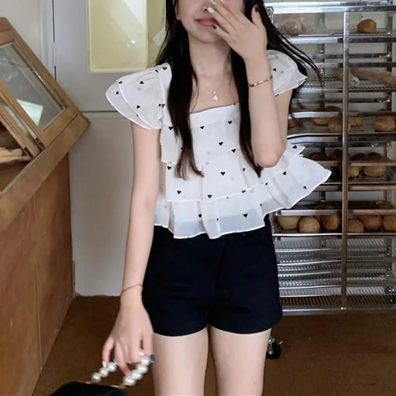 Sweet Heart-shaped Printed Shirt Summer Flying Sleeve Women\'s Clothing Stylish Ruffles Elegant Square Collar Drawstring Blouse