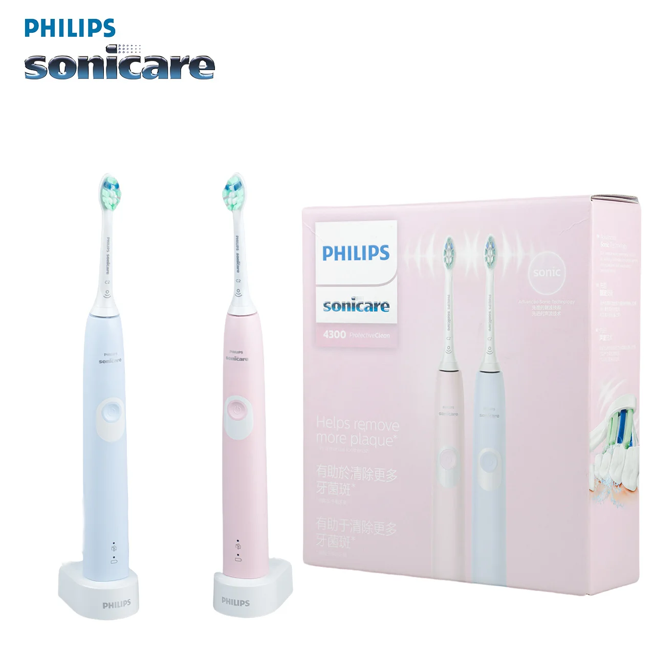 Philips Sonicare, elektrische tandenborstel voor koppels, 4300 HX6805 2-delig, oplaadbaar, druksensor