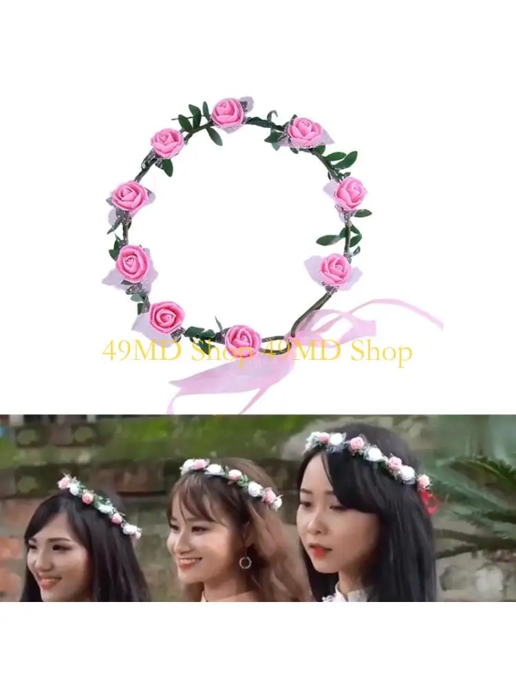 

49MD Rose Floral Wreath Elastic Headband Festival Hair Accessories Decorative Headwear For Birthday Halloween And Daily Wear