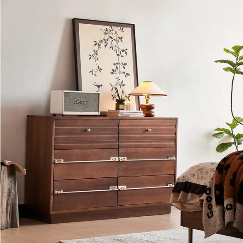 Medieval solid wood six-chest cabinet stainless steel handle retro dining side cabinet against the wall solid wood cabinet side