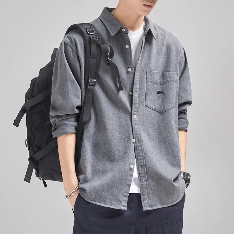 Autumn&winter navy blue American retro shirt men's Japanese workwear handsome sanded design trendy brand season jacket