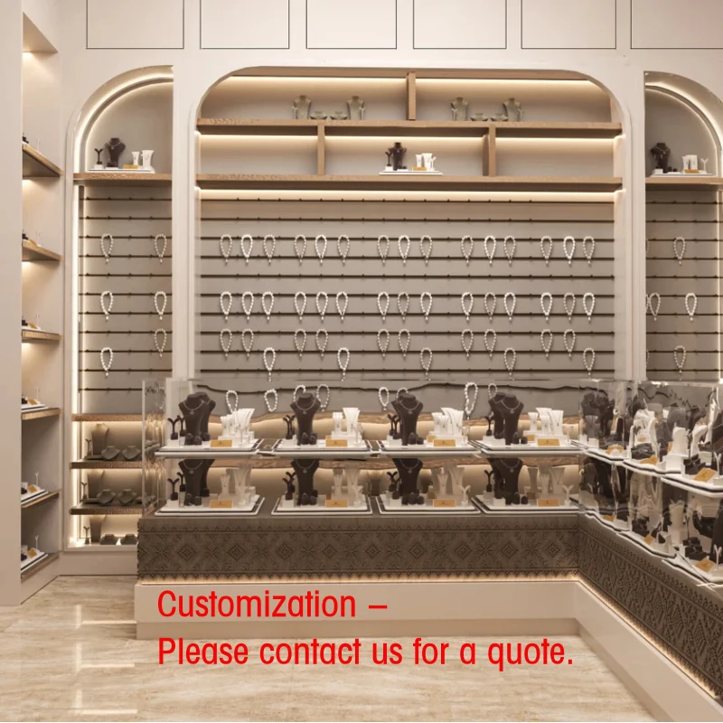 

custom.An Elegant Jewelry Boutique with Arched Display Shelves, Warm Lighting, and Neatly Arranged Showcases.