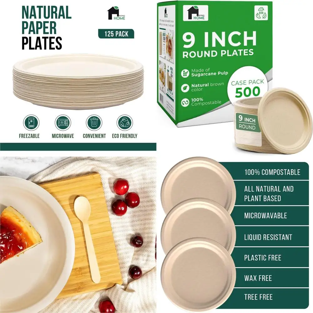 

Compostable 9 Inch Paper Plates - Eco-Friendly, Sugarcane Fiber Made, Heavy Duty for Microwave & Refrigerator Use - Pack of 500