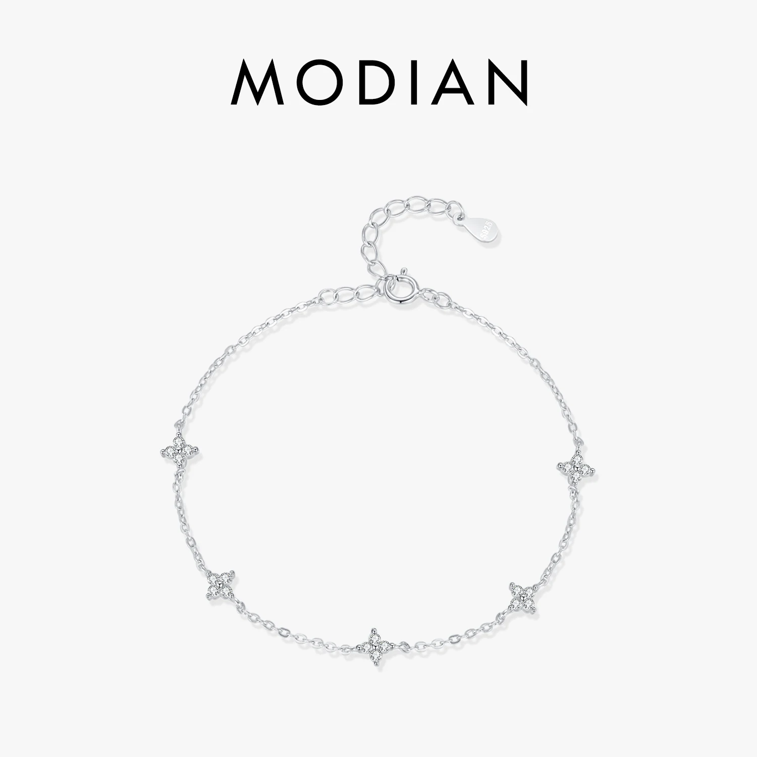 MODIAN 925 Sterling Silver Mini Flowers Bracelet Dainty Link Chain Pave Setting CZ Dla kobiet Ślubna biżuteria Prezent